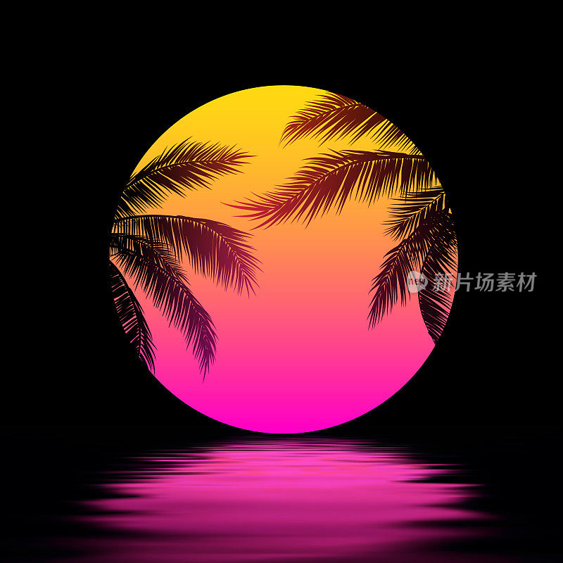 夕阳与棕榈树，黄粉色的太阳在水上。Synthwave Retrowave艺术